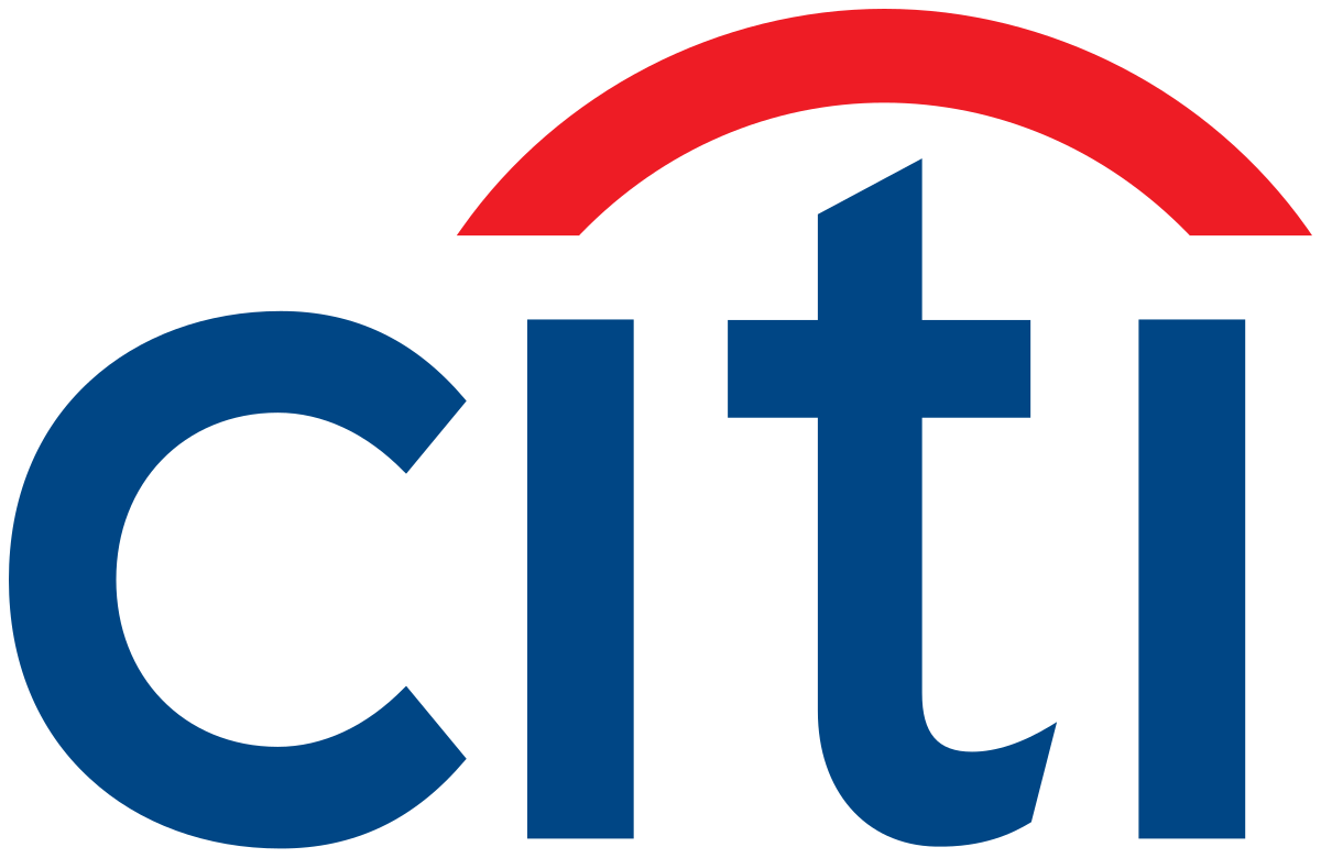 Citigroup logo, blue letters spelling citi with a red arch connecting the "I"s