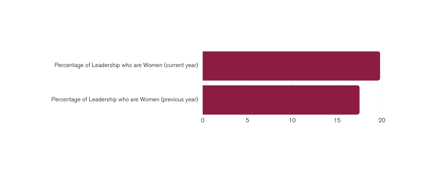 Bar graph showing women in leadership: Percentage of Leadership who are Women (current year) 19.8%, Percentage of Leadership who are Women (previous year) 17.5%