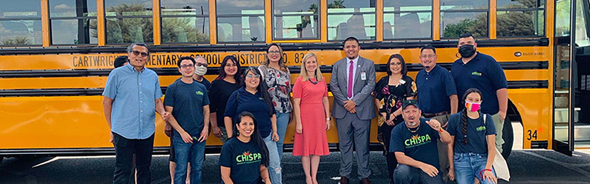 Phoenix Mayor Kate Gallego joined officials of the Cartwright School District in Maryvale and organizers with Chispa Arizona to debut the school district’s first electric bus. (Photo courtesy of 